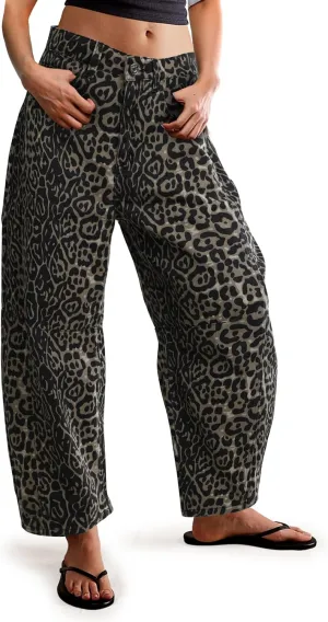Women's Barrel Boyfriend Baggy Leopard Print Jeans Mid Rise Cropped Wide Leg Y2K Horseshoe Jeans for Women Trendy