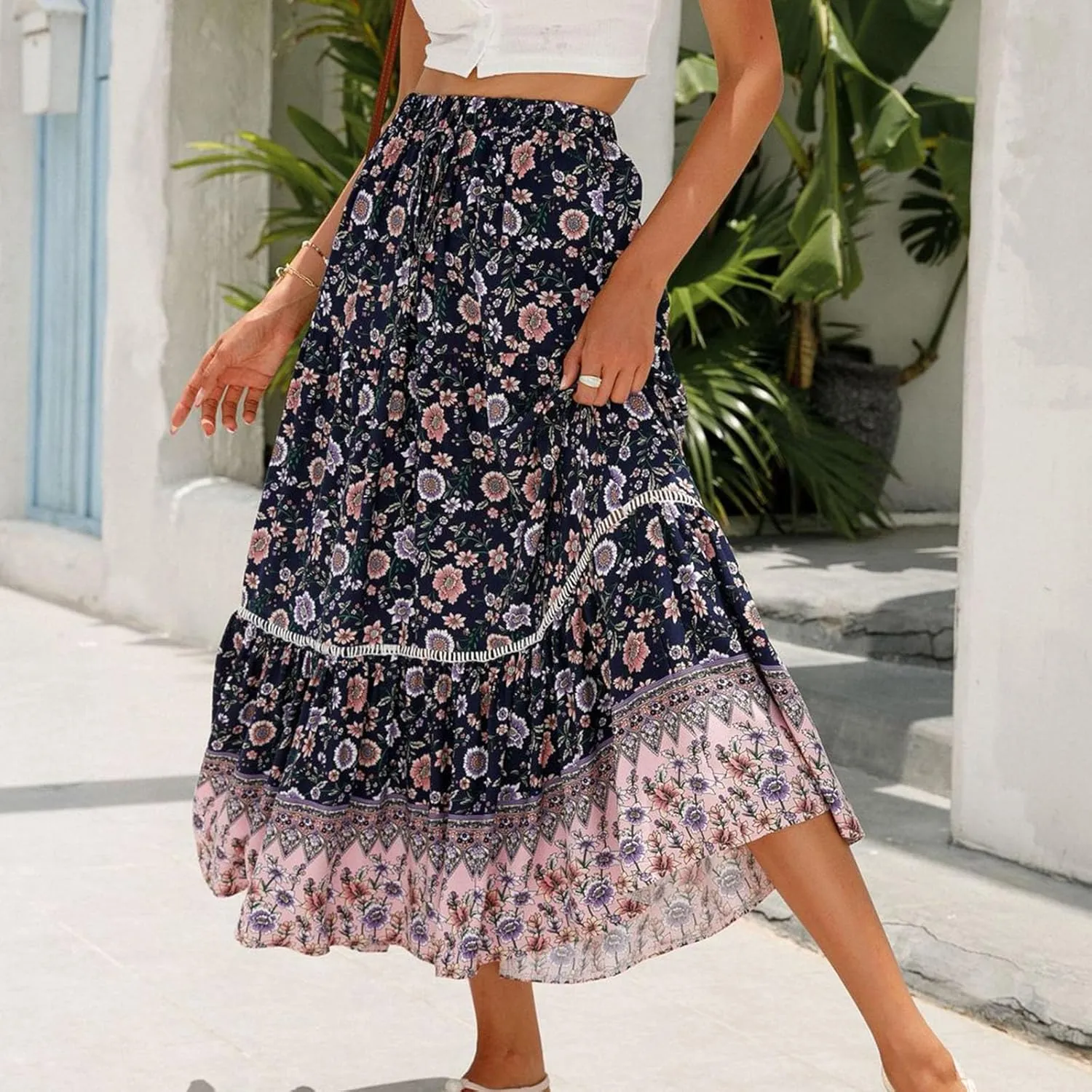 Womens Boho Floral Tie Up Waist Summer Beach Wrap Cover Up Maxi Skirt Full Length A-Line Stretchy Flared Casual Skirt
