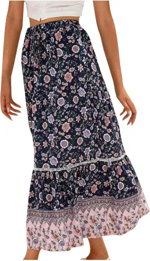 Womens Boho Floral Tie Up Waist Summer Beach Wrap Cover Up Maxi Skirt Full Length A-Line Stretchy Flared Casual Skirt