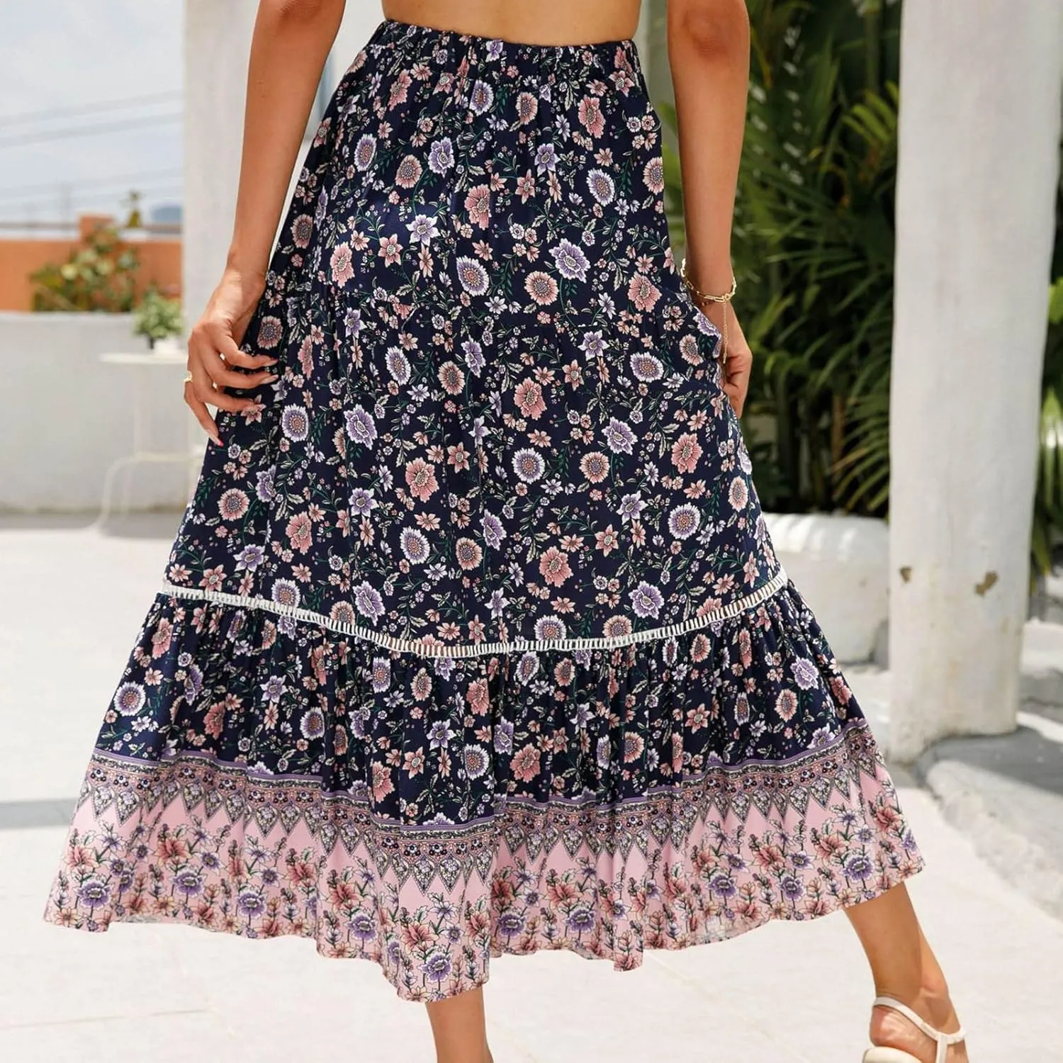 Womens Boho Floral Tie Up Waist Summer Beach Wrap Cover Up Maxi Skirt Full Length A-Line Stretchy Flared Casual Skirt