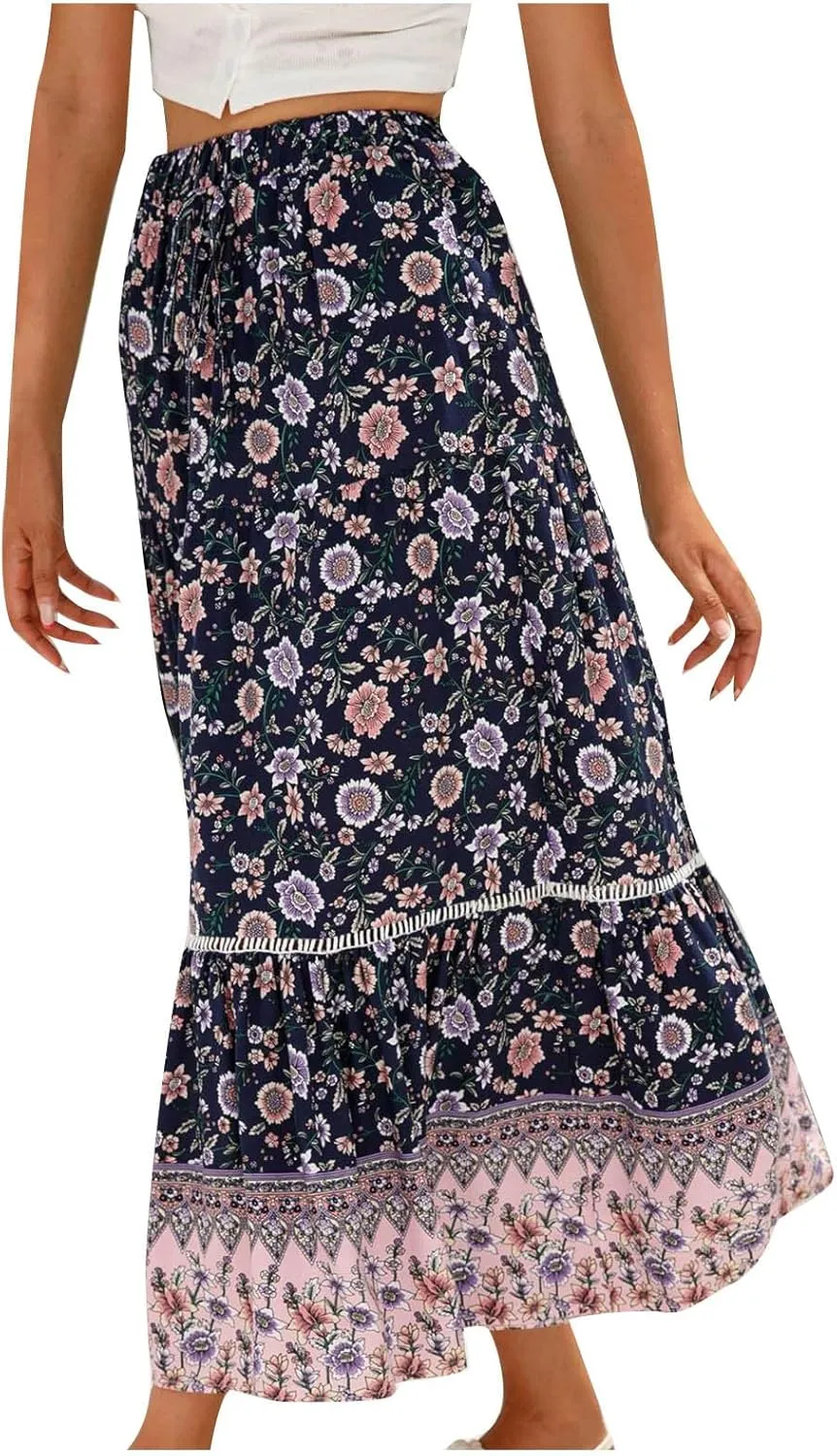Womens Boho Floral Tie Up Waist Summer Beach Wrap Cover Up Maxi Skirt Full Length A-Line Stretchy Flared Casual Skirt