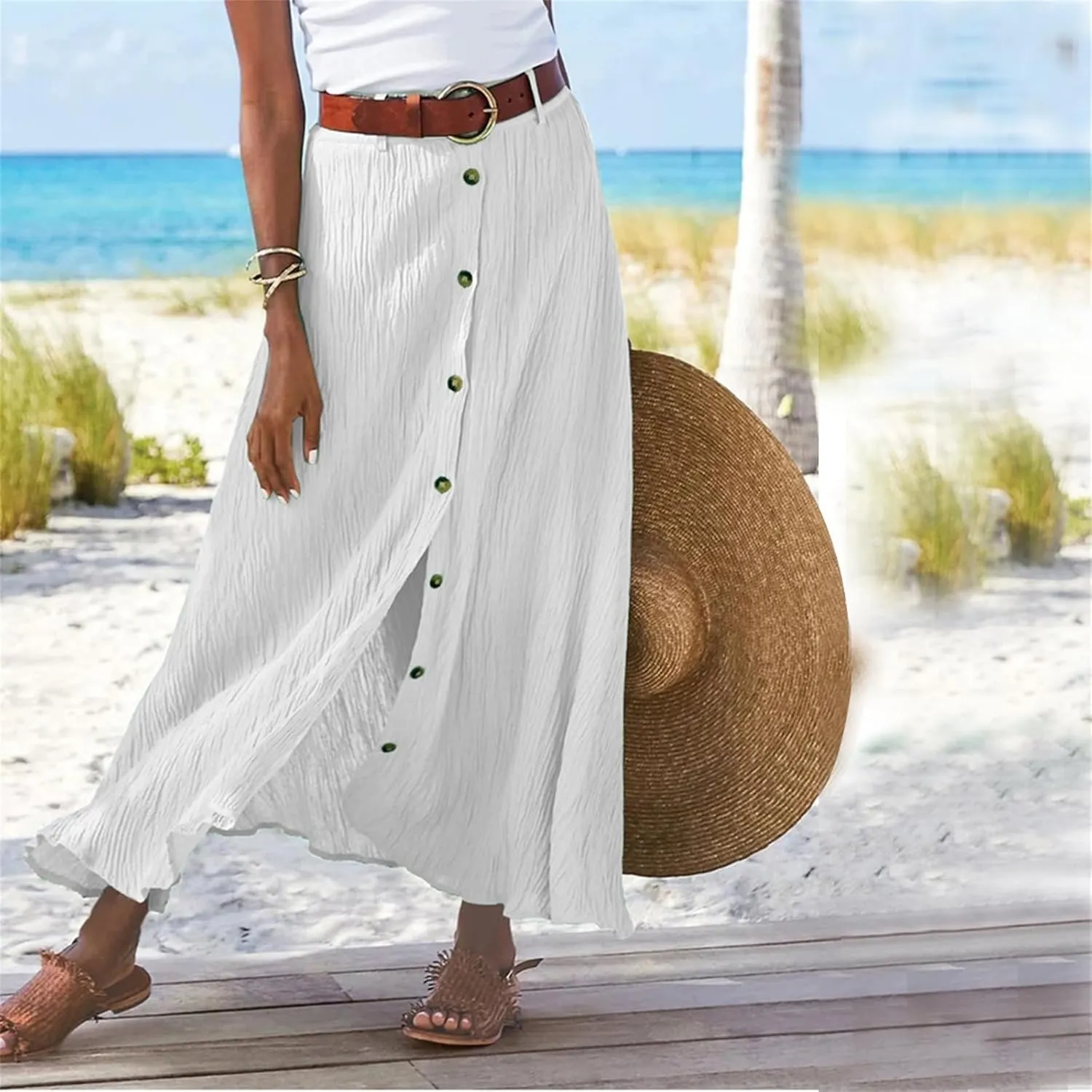 Womens Button Flowy Maxi Skirt 2025 Summer Casual High Waist A-Line Tiered Skirt Beach Vacation Outfits