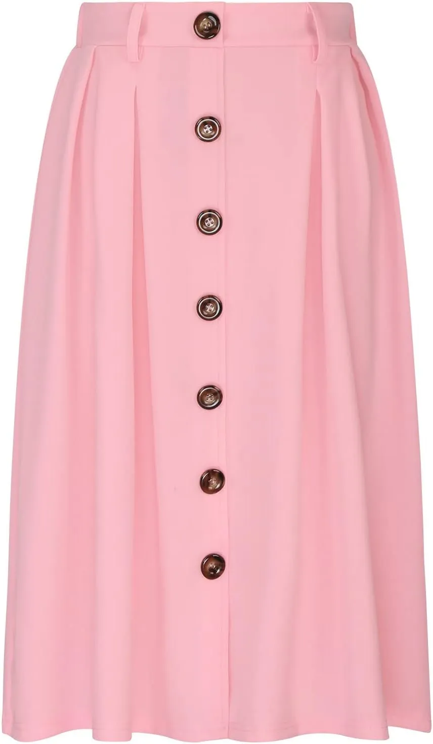 Women's Casual Button Down Midi Skirts Spring Summer High Waist A Line Knee Length Flowy Flared Pleated Skirts S-2XL