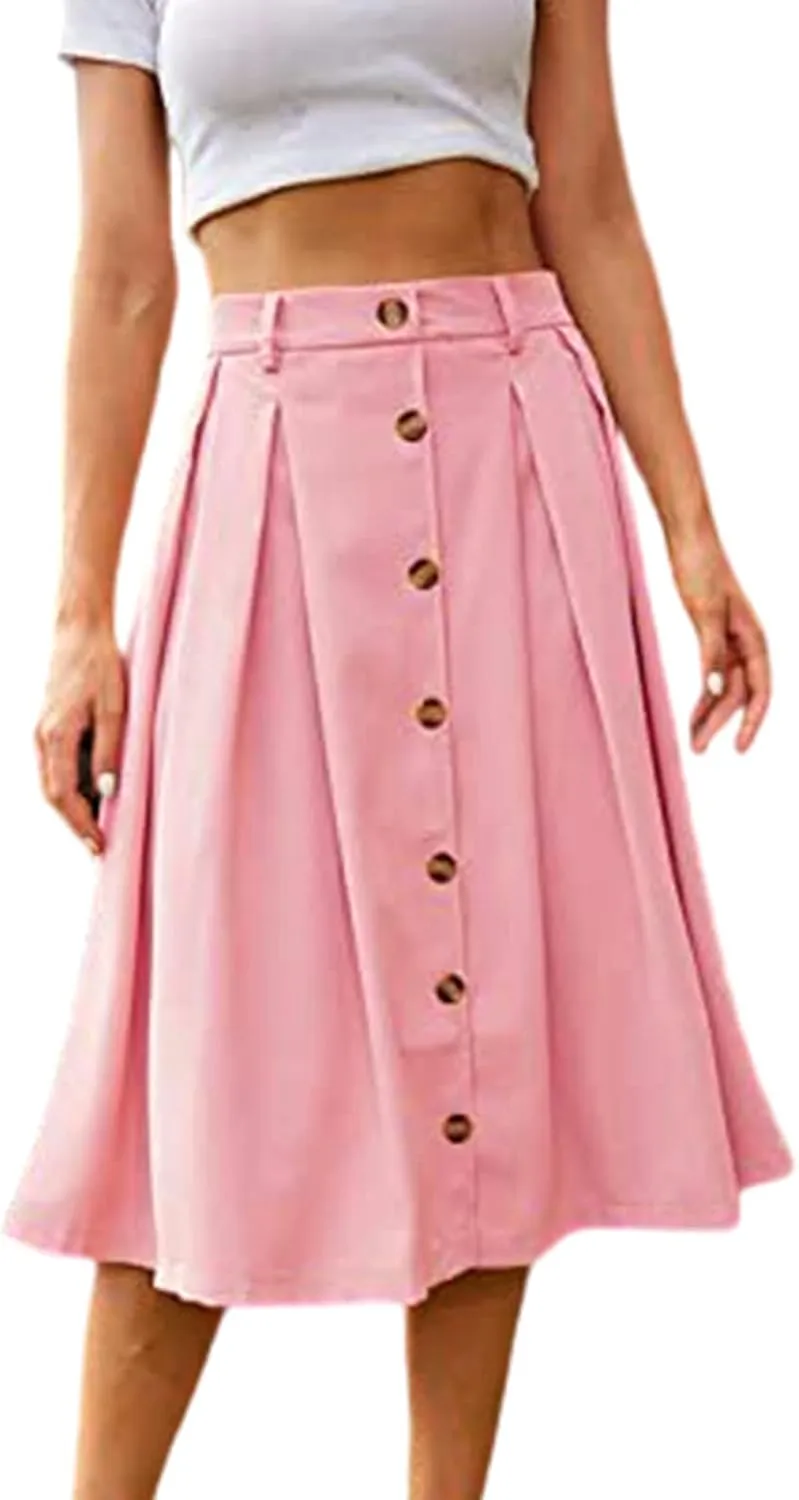 Women's Casual Button Down Midi Skirts Spring Summer High Waist A Line Knee Length Flowy Flared Pleated Skirts S-2XL