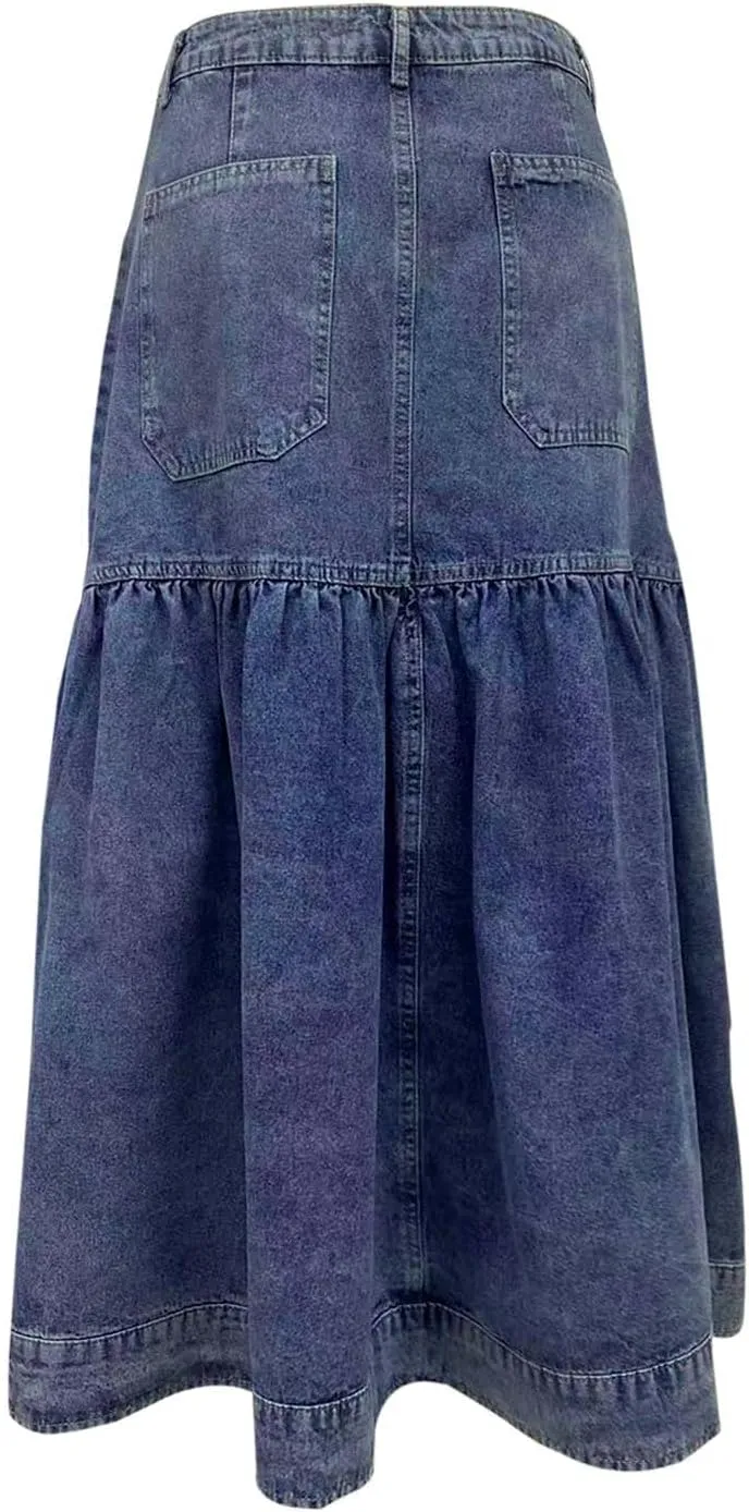 Women's Casual Denim Skirts Summer Midi Jean Skirts Stretch High Waisted Vintage Denim Dress 2025 Trendy with Pockets