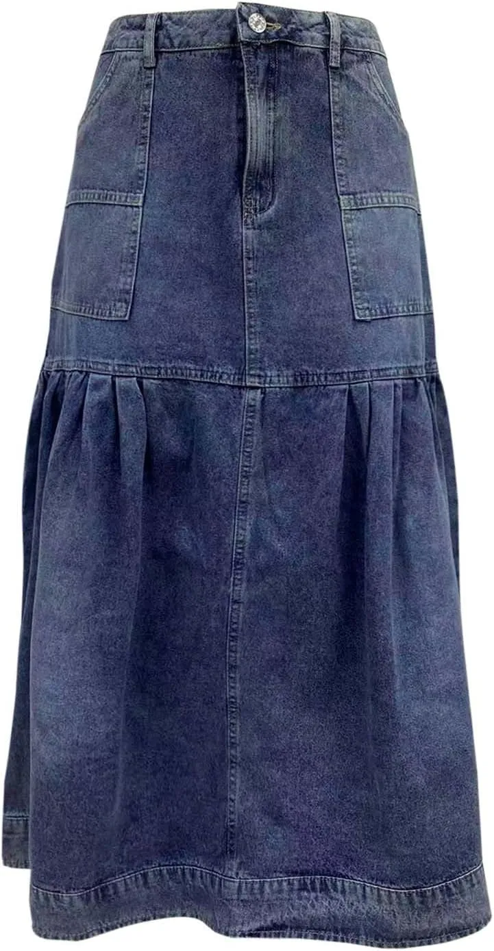 Women's Casual Denim Skirts Summer Midi Jean Skirts Stretch High Waisted Vintage Denim Dress 2025 Trendy with Pockets