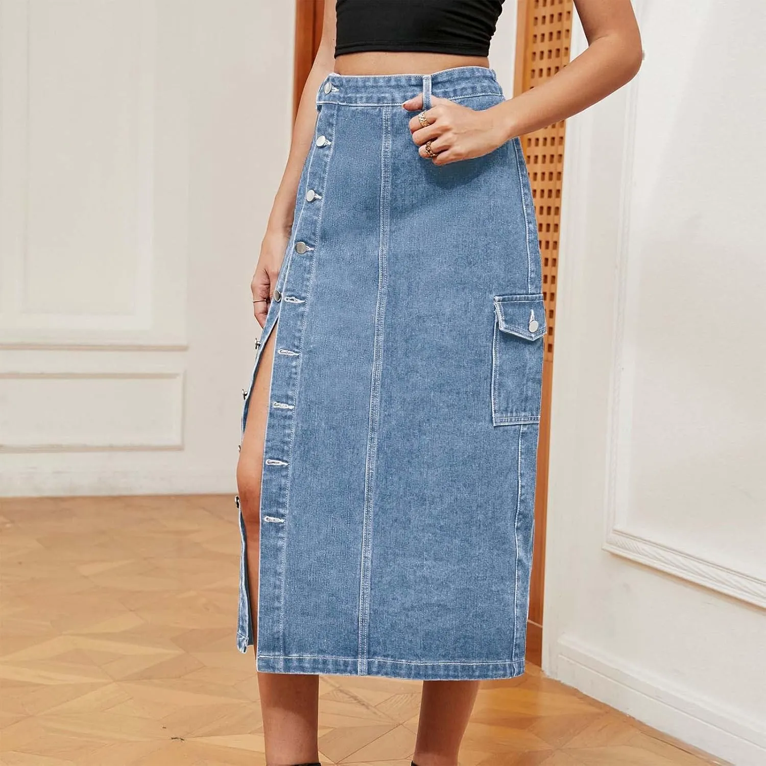 Women's Casual Denim Skirts Summer Midi Jean Skirts Stretch High Waisted Vintage Denim Dress 2025 Trendy with Pockets