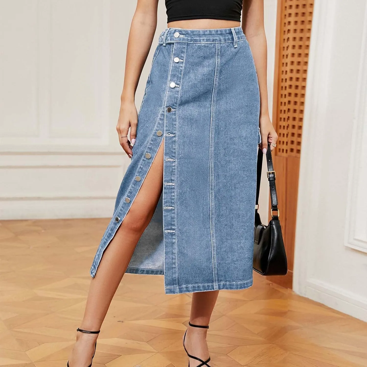 Women's Casual Denim Skirts Summer Midi Jean Skirts Stretch High Waisted Vintage Denim Dress 2025 Trendy with Pockets