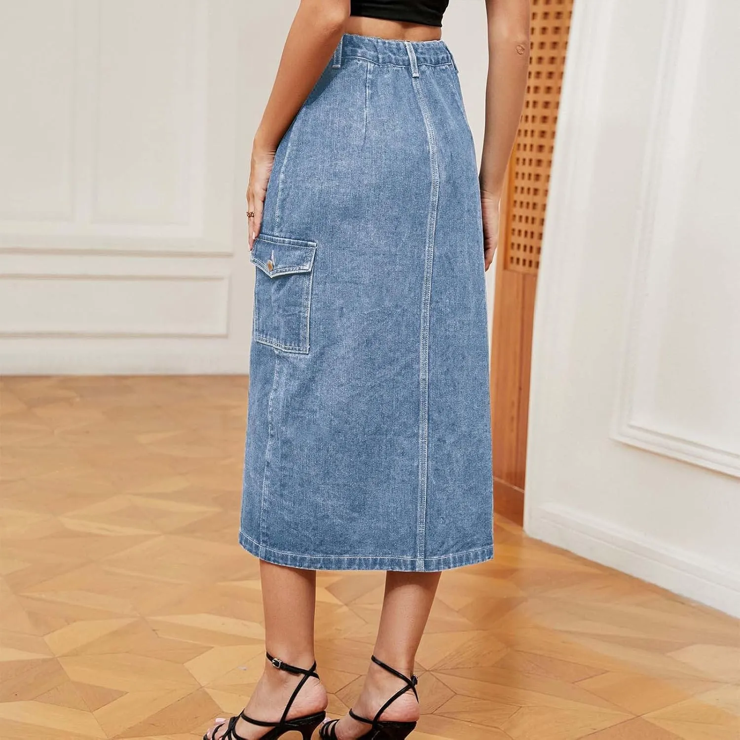 Women's Casual Denim Skirts Summer Midi Jean Skirts Stretch High Waisted Vintage Denim Dress 2025 Trendy with Pockets