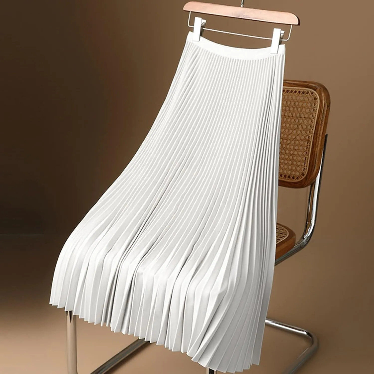 Womens Casual Solid Satin Pleated Skirt Lightweight Smooth Soft Mid Skirts Plus Size Versatile Elastic High Waist Skirt