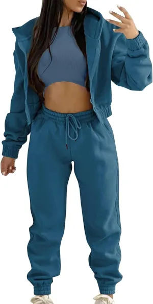 Women's Casual Tracksuit 3 Piece Outfits Sets Solid Color Zipper Hooded Sweatshirt Pants and Top Vest Jogger Outfits
