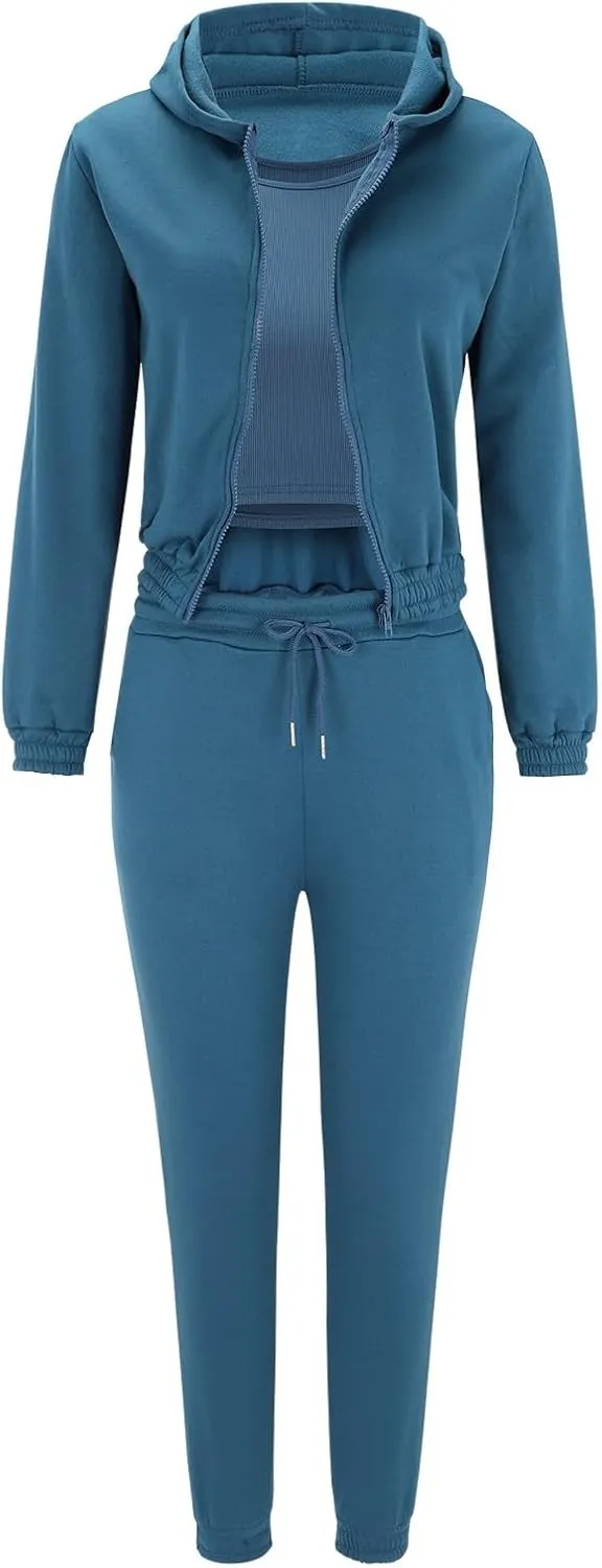 Women's Casual Tracksuit 3 Piece Outfits Sets Solid Color Zipper Hooded Sweatshirt Pants and Top Vest Jogger Outfits