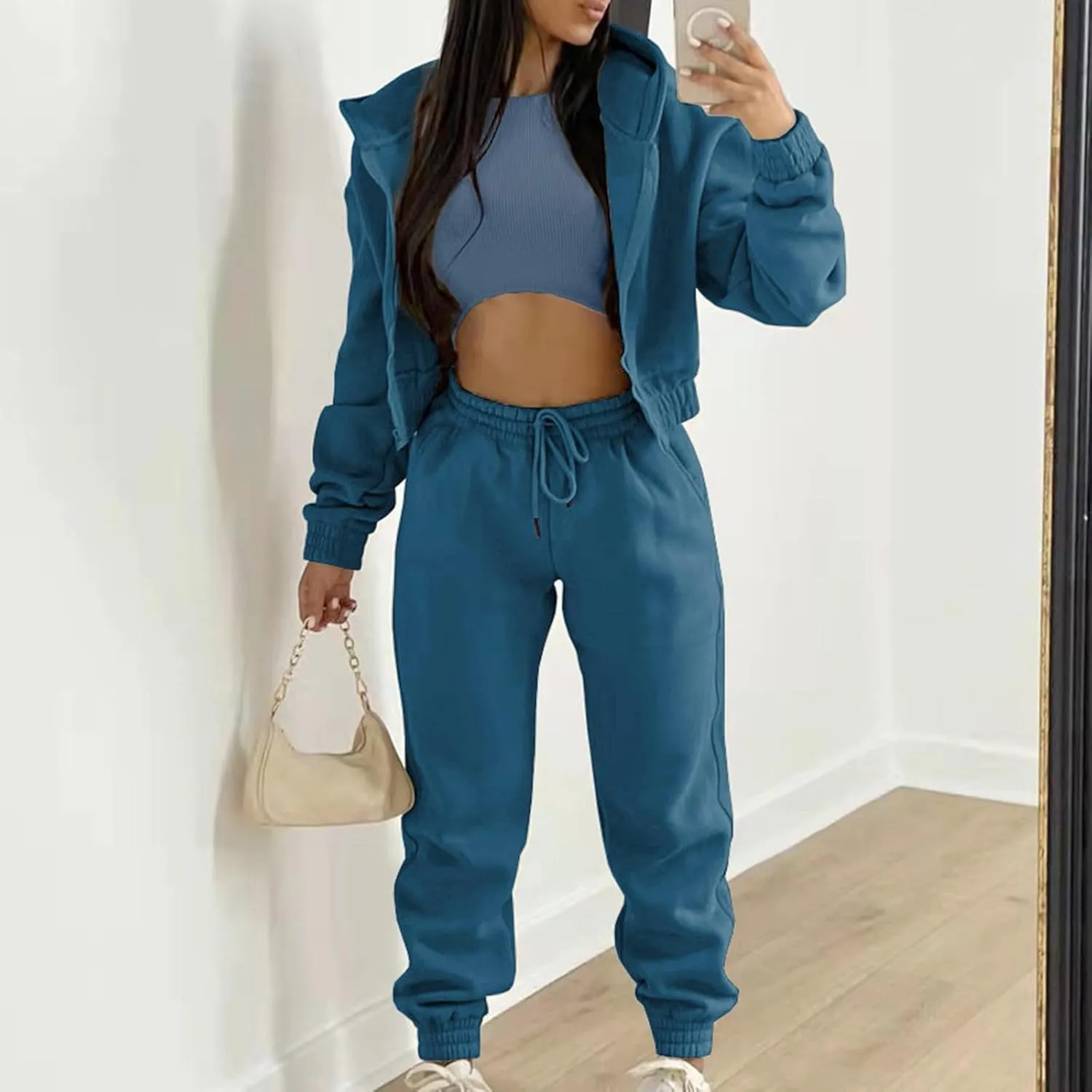 Women's Casual Tracksuit 3 Piece Outfits Sets Solid Color Zipper Hooded Sweatshirt Pants and Top Vest Jogger Outfits