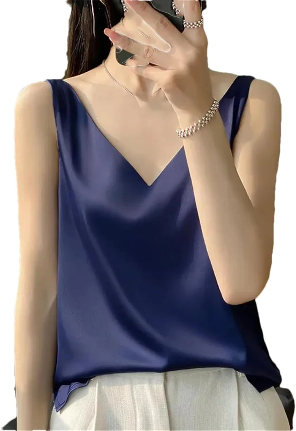 Women's Casual V-Neck Ice Silk Satin Camisole Tops Summer Sleeveless Solid Blouse Vest