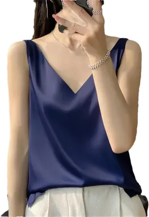 Women's Casual V-Neck Ice Silk Satin Camisole Tops Summer Sleeveless Solid Blouse Vest
