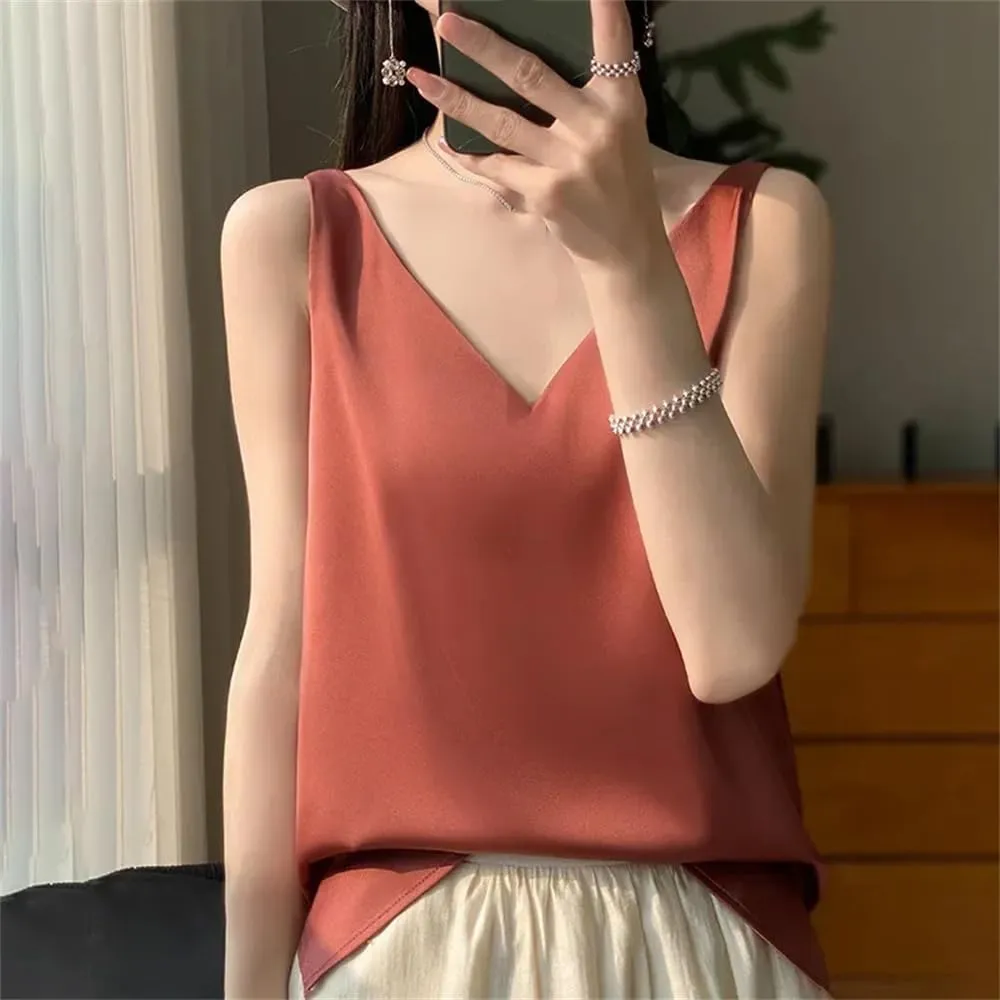 Women's Casual V-Neck Ice Silk Satin Camisole Tops Summer Sleeveless Solid Blouse Vest