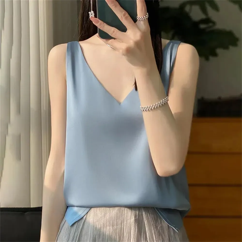 Women's Casual V-Neck Ice Silk Satin Camisole Tops Summer Sleeveless Solid Blouse Vest