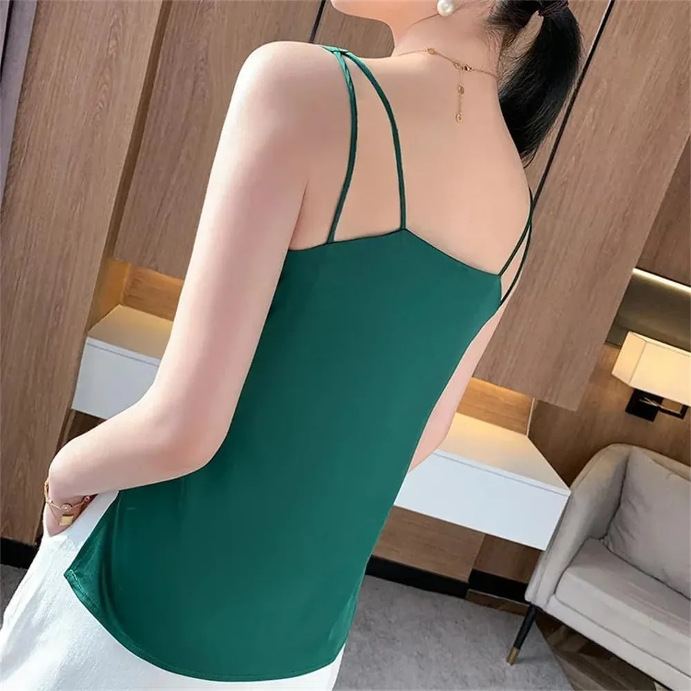 Women's Casual V-Neck Ice Silk Satin Camisole Tops Summer Sleeveless Solid Blouse Vest