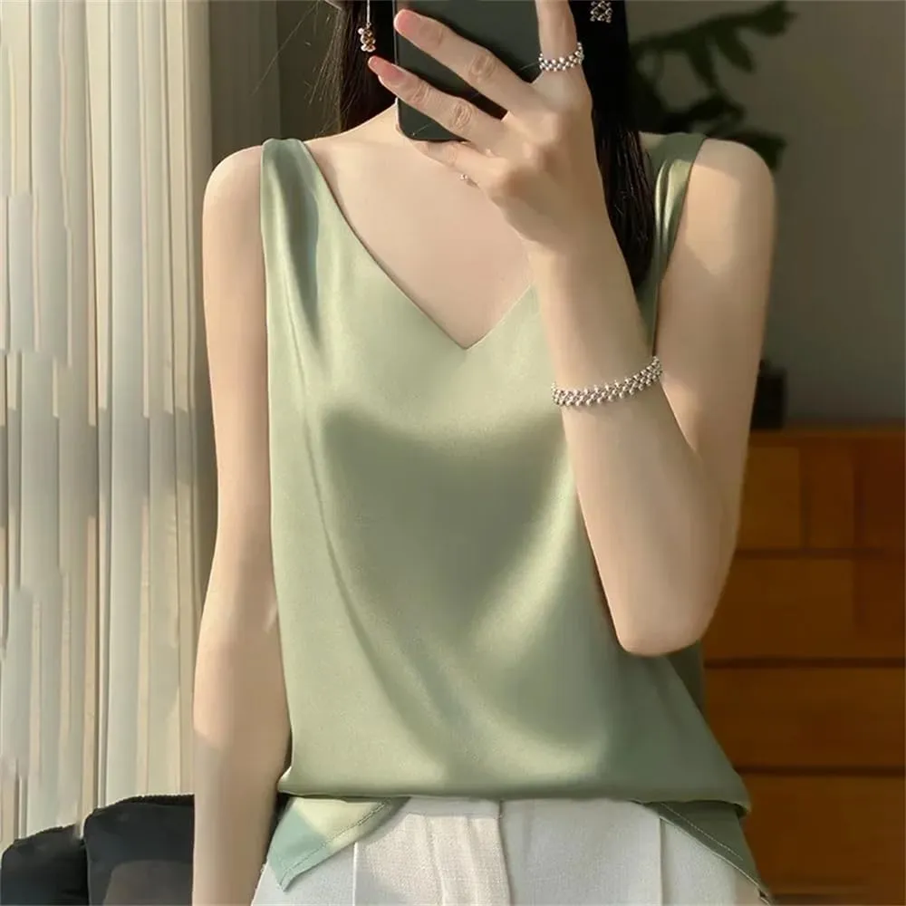Women's Casual V-Neck Ice Silk Satin Camisole Tops Summer Sleeveless Solid Blouse Vest
