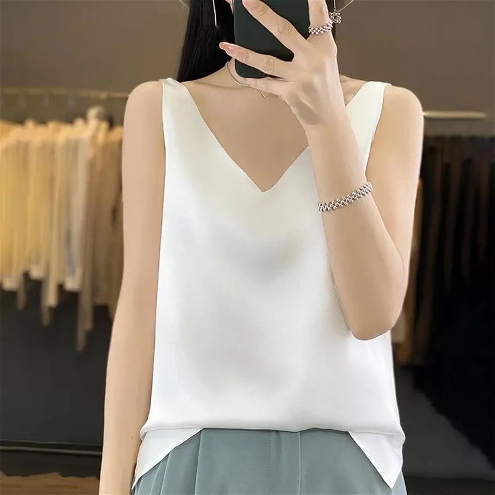 Women's Casual V-Neck Ice Silk Satin Camisole Tops Summer Sleeveless Solid Blouse Vest