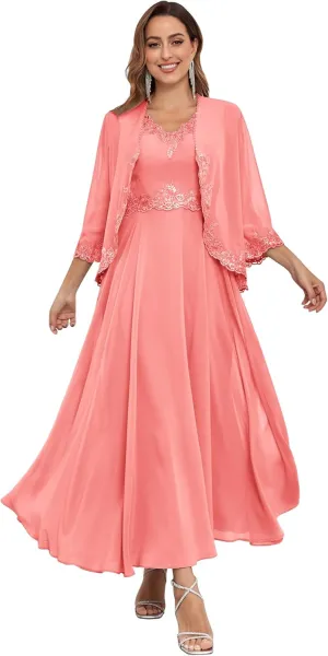 Women's Chiffon Mother of The Bride Dresses with Jackets for Wddding Ankle Length Lace 2 Piece Formal Dress