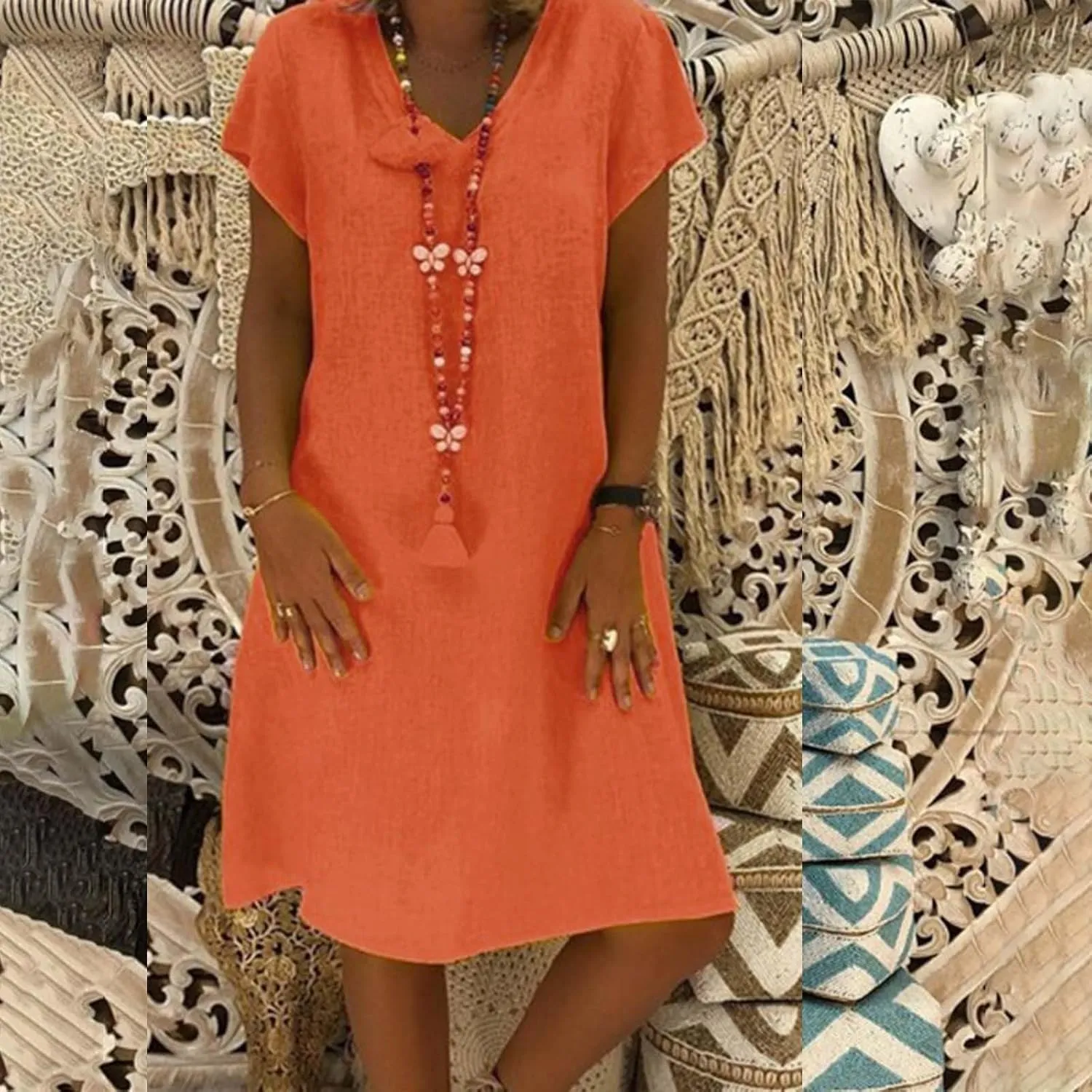 Women's Cotton Linen Dresses Summer Cup Sleeve V Neck Comfy Travel Sundresses Beach Trendy Spring Vacation Clothes 2025