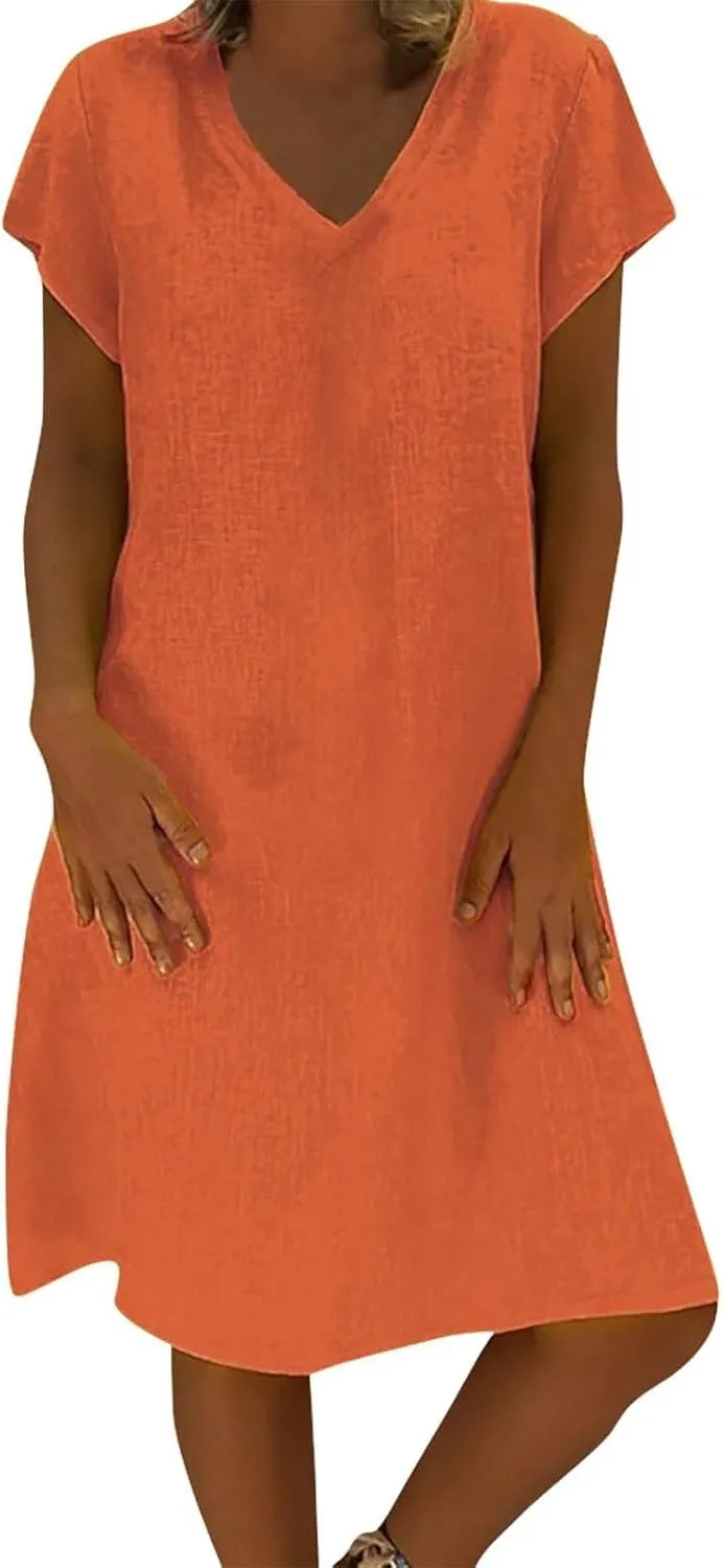 Women's Cotton Linen Dresses Summer Cup Sleeve V Neck Comfy Travel Sundresses Beach Trendy Spring Vacation Clothes 2025