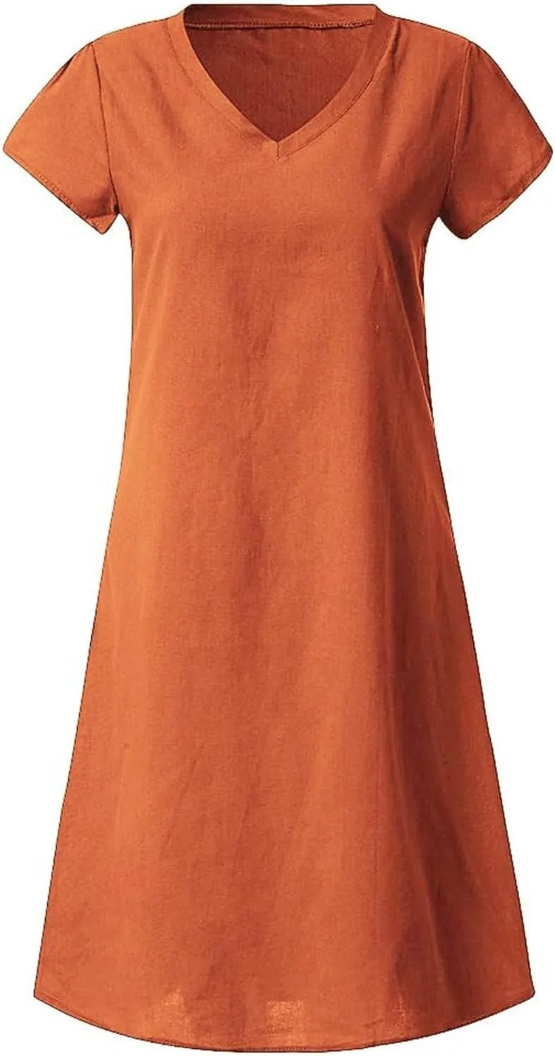 Women's Cotton Linen Dresses Summer Cup Sleeve V Neck Comfy Travel Sundresses Beach Trendy Spring Vacation Clothes 2025