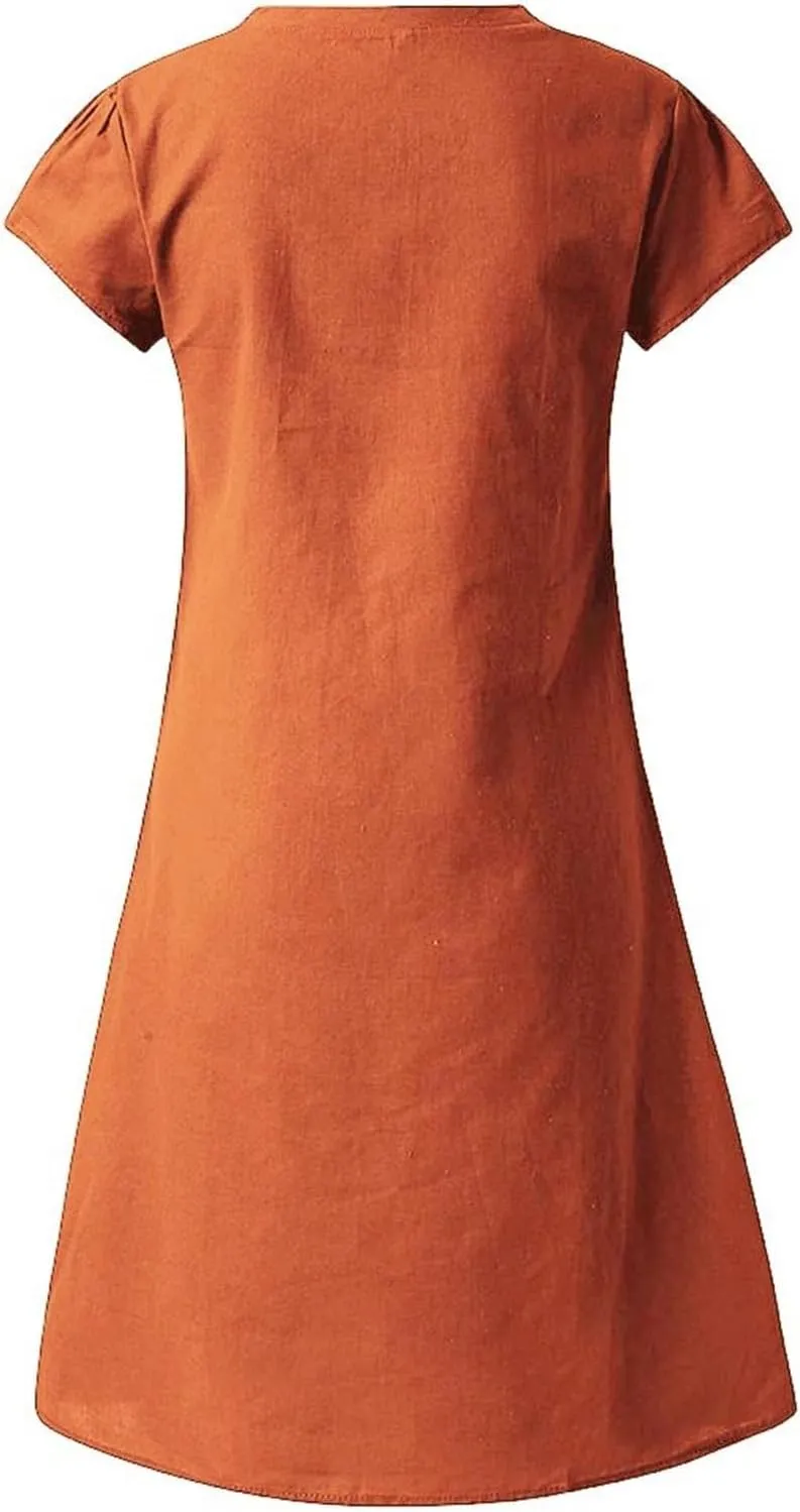 Women's Cotton Linen Dresses Summer Cup Sleeve V Neck Comfy Travel Sundresses Beach Trendy Spring Vacation Clothes 2025
