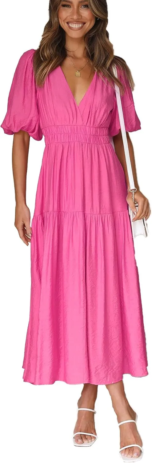 Women's Deep V-Neck Puff Short Sleeve Tiered Maxi Dress Flowy A Line Midi Dresses