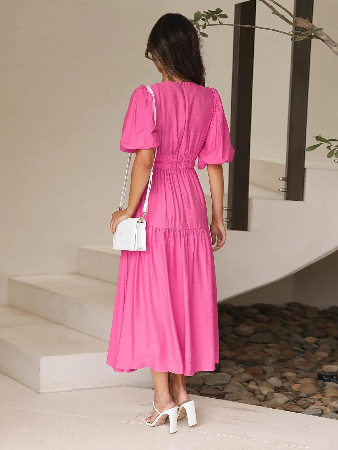 Women's Deep V-Neck Puff Short Sleeve Tiered Maxi Dress Flowy A Line Midi Dresses
