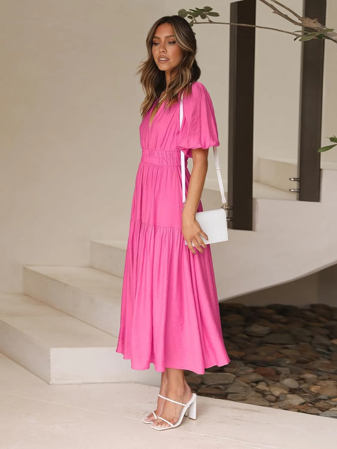 Women's Deep V-Neck Puff Short Sleeve Tiered Maxi Dress Flowy A Line Midi Dresses