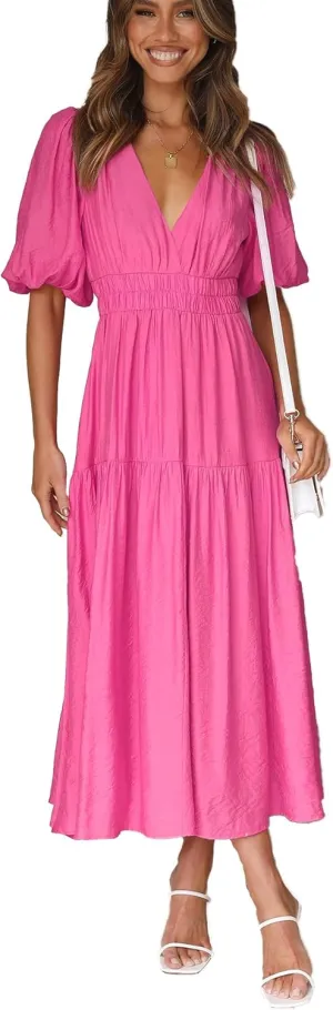 Women's Deep V-Neck Puff Short Sleeve Tiered Maxi Dress Flowy A Line Midi Dresses