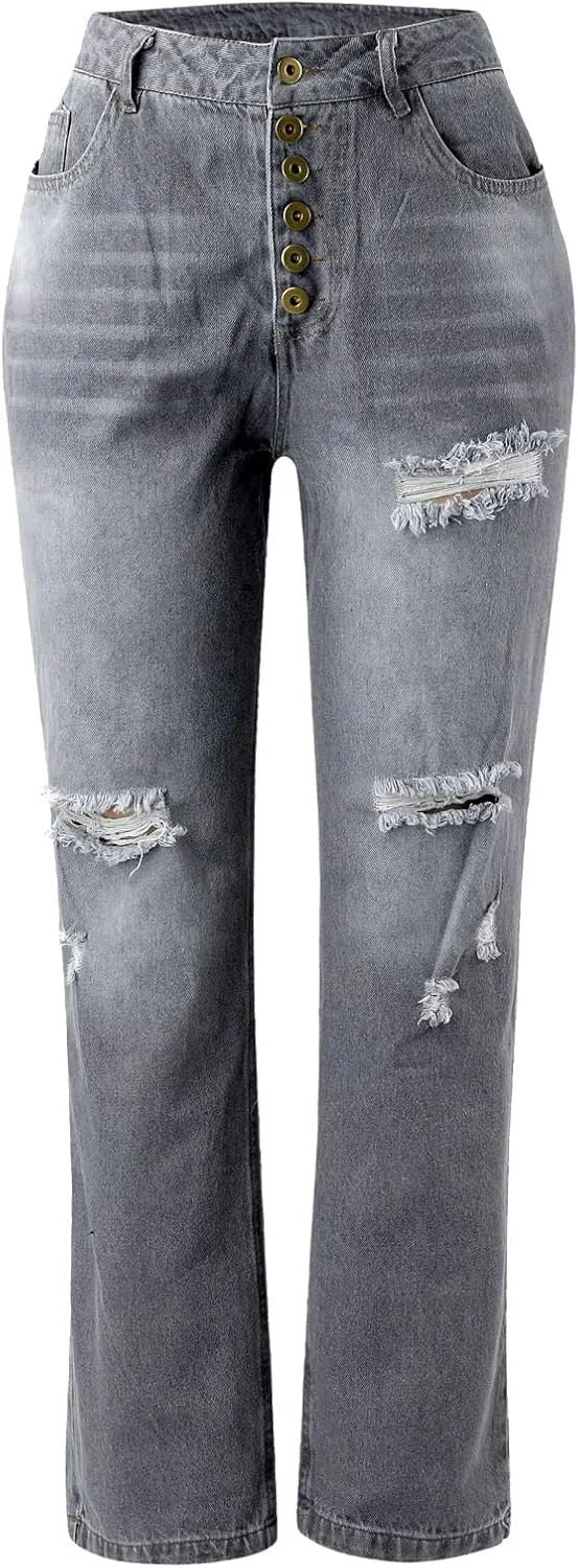 Women's Distressed Jeans Solid Loose Washed Ripped Hole High Waist Button with Pocket Jeans Trousers