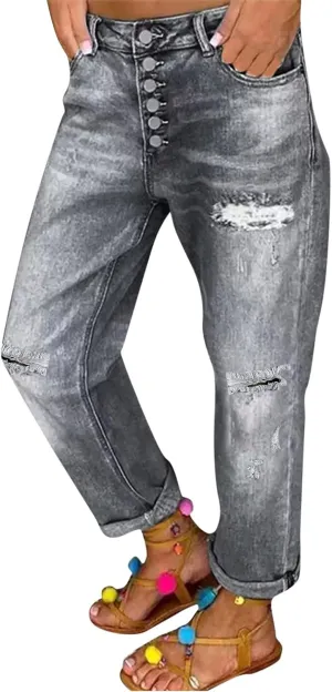 Women's Distressed Jeans Solid Loose Washed Ripped Hole High Waist Button with Pocket Jeans Trousers