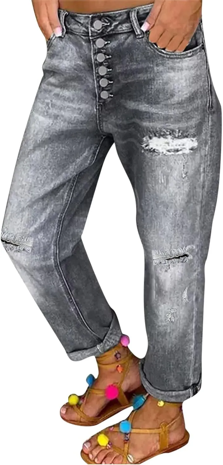 Women's Distressed Jeans Solid Loose Washed Ripped Hole High Waist Button with Pocket Jeans Trousers