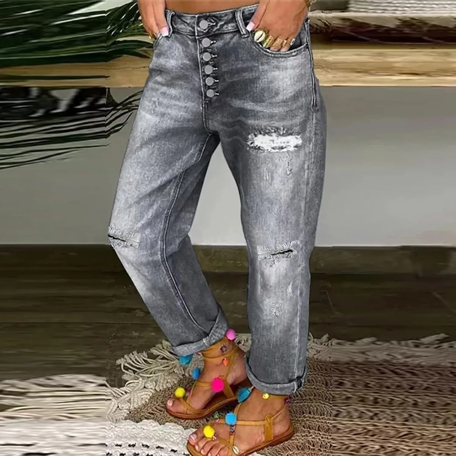 Women's Distressed Jeans Solid Loose Washed Ripped Hole High Waist Button with Pocket Jeans Trousers