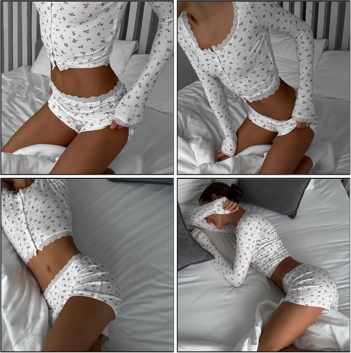 Women's Ditsy Floral Print Lace Trim Long Sleeve Crop Tops and Low Rise Shorts Pajama Sets