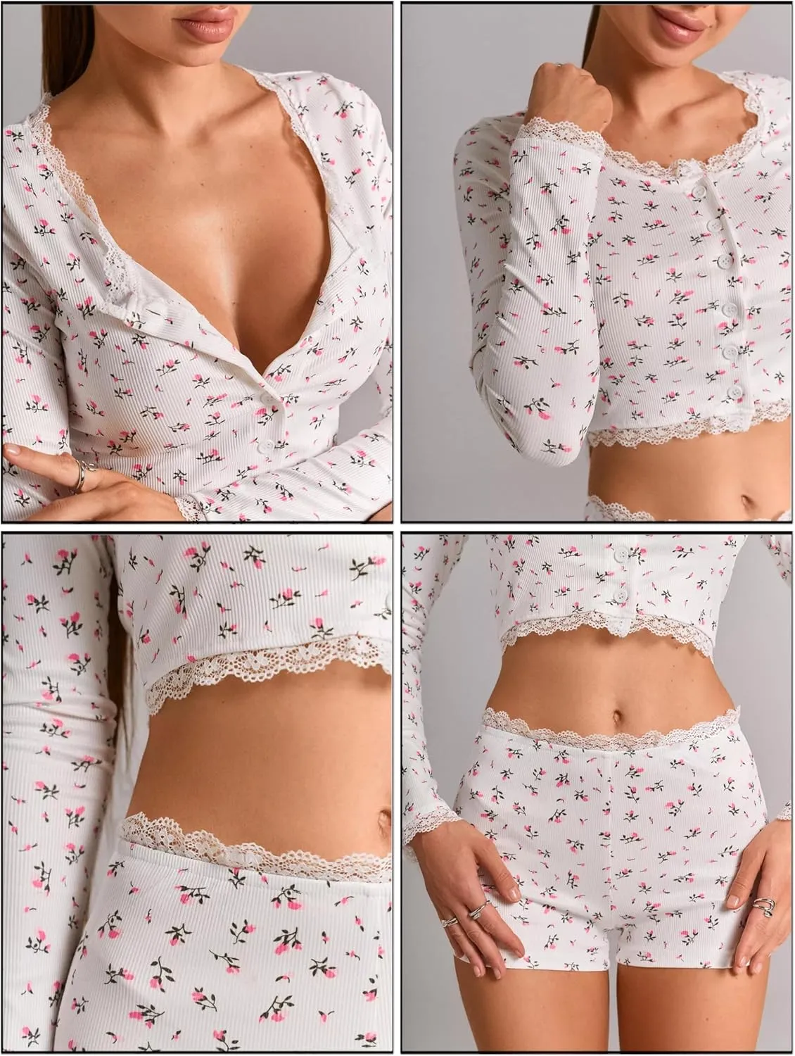 Women's Ditsy Floral Print Lace Trim Long Sleeve Crop Tops and Low Rise Shorts Pajama Sets