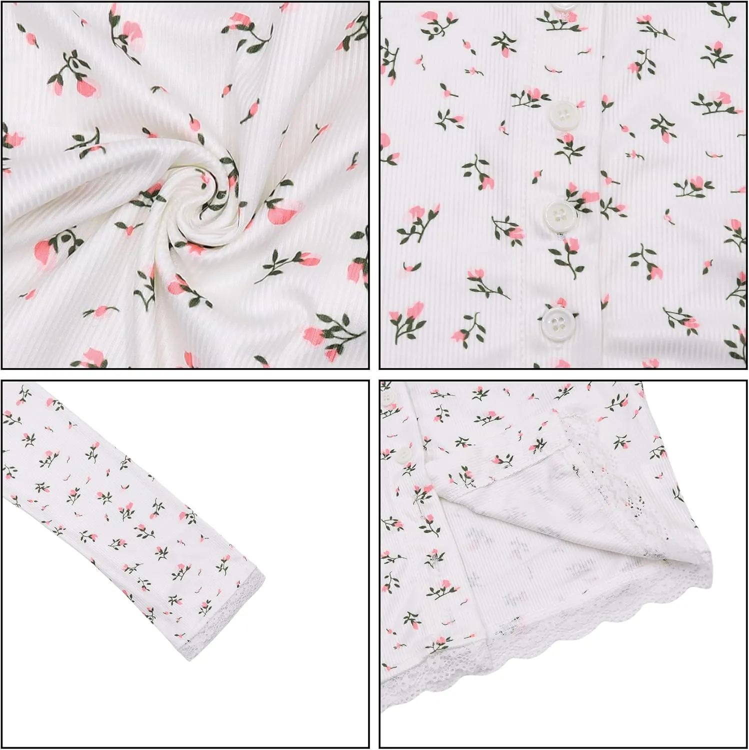 Women's Ditsy Floral Print Lace Trim Long Sleeve Crop Tops and Low Rise Shorts Pajama Sets