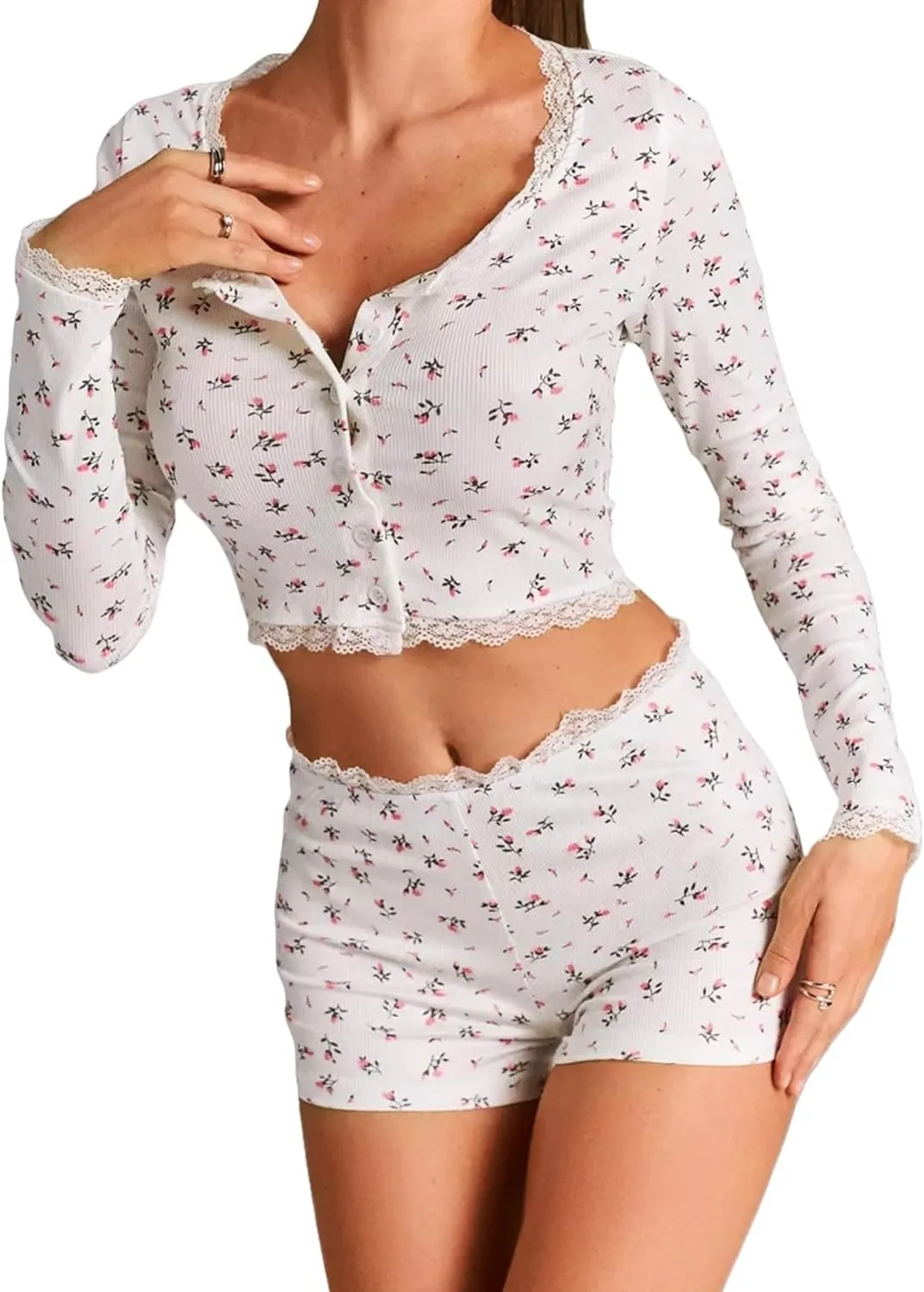 Women's Ditsy Floral Print Lace Trim Long Sleeve Crop Tops and Low Rise Shorts Pajama Sets