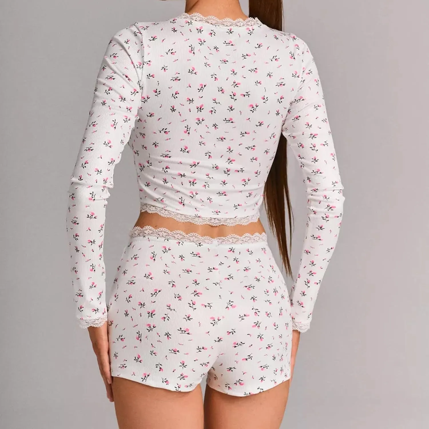 Women's Ditsy Floral Print Lace Trim Long Sleeve Crop Tops and Low Rise Shorts Pajama Sets