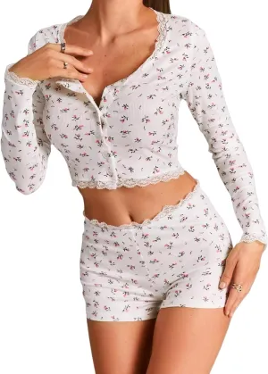 Women's Ditsy Floral Print Lace Trim Long Sleeve Crop Tops and Low Rise Shorts Pajama Sets
