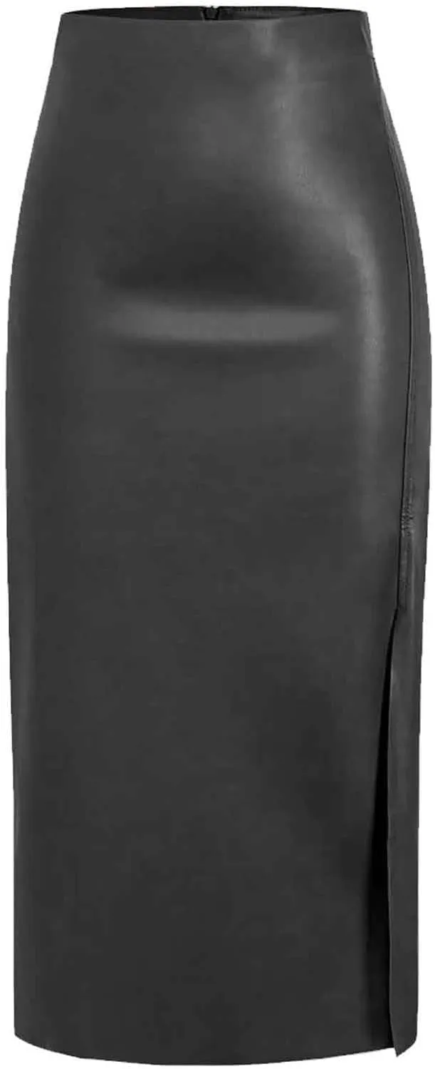 Womens Faux Leather Long Skirts Bodycon High Waist Slim-Fit PU Leather Skirt Sexy Side Slit Pencil Midi Skirts