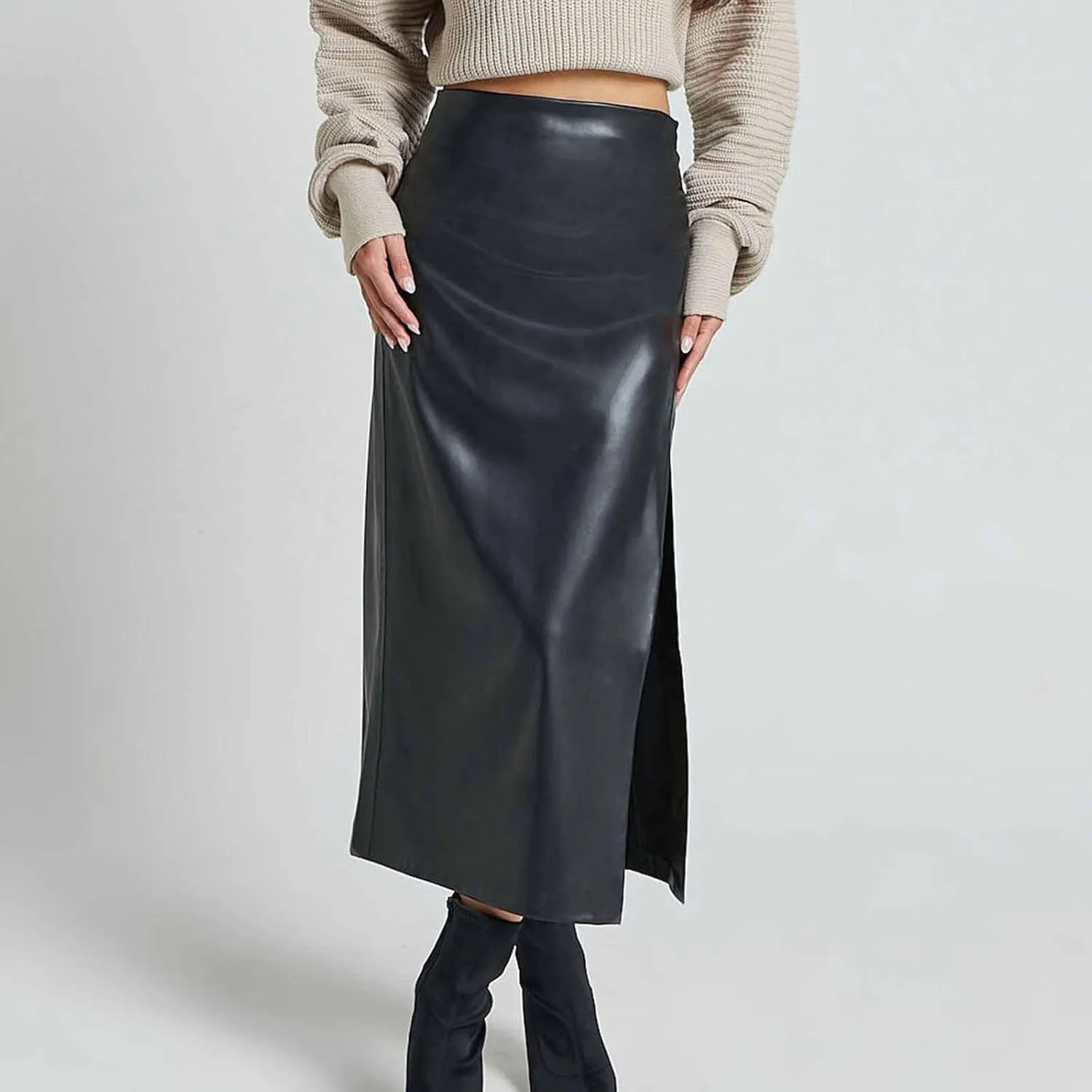 Womens Faux Leather Long Skirts Bodycon High Waist Slim-Fit PU Leather Skirt Sexy Side Slit Pencil Midi Skirts