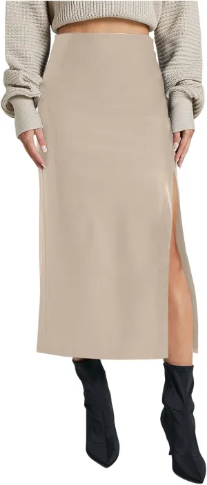 Womens Faux Leather Long Skirts Bodycon High Waist Slim-Fit PU Leather Skirt Sexy Side Slit Pencil Midi Skirts
