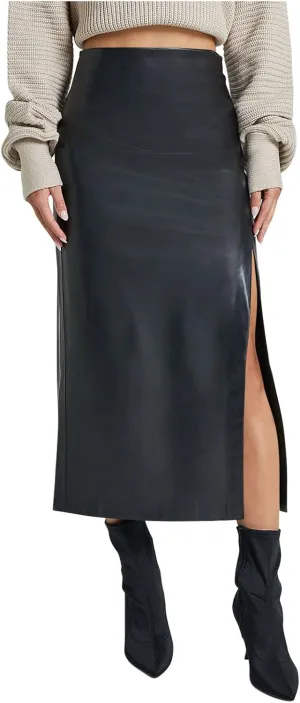 Womens Faux Leather Long Skirts Bodycon High Waist Slim-Fit PU Leather Skirt Sexy Side Slit Pencil Midi Skirts