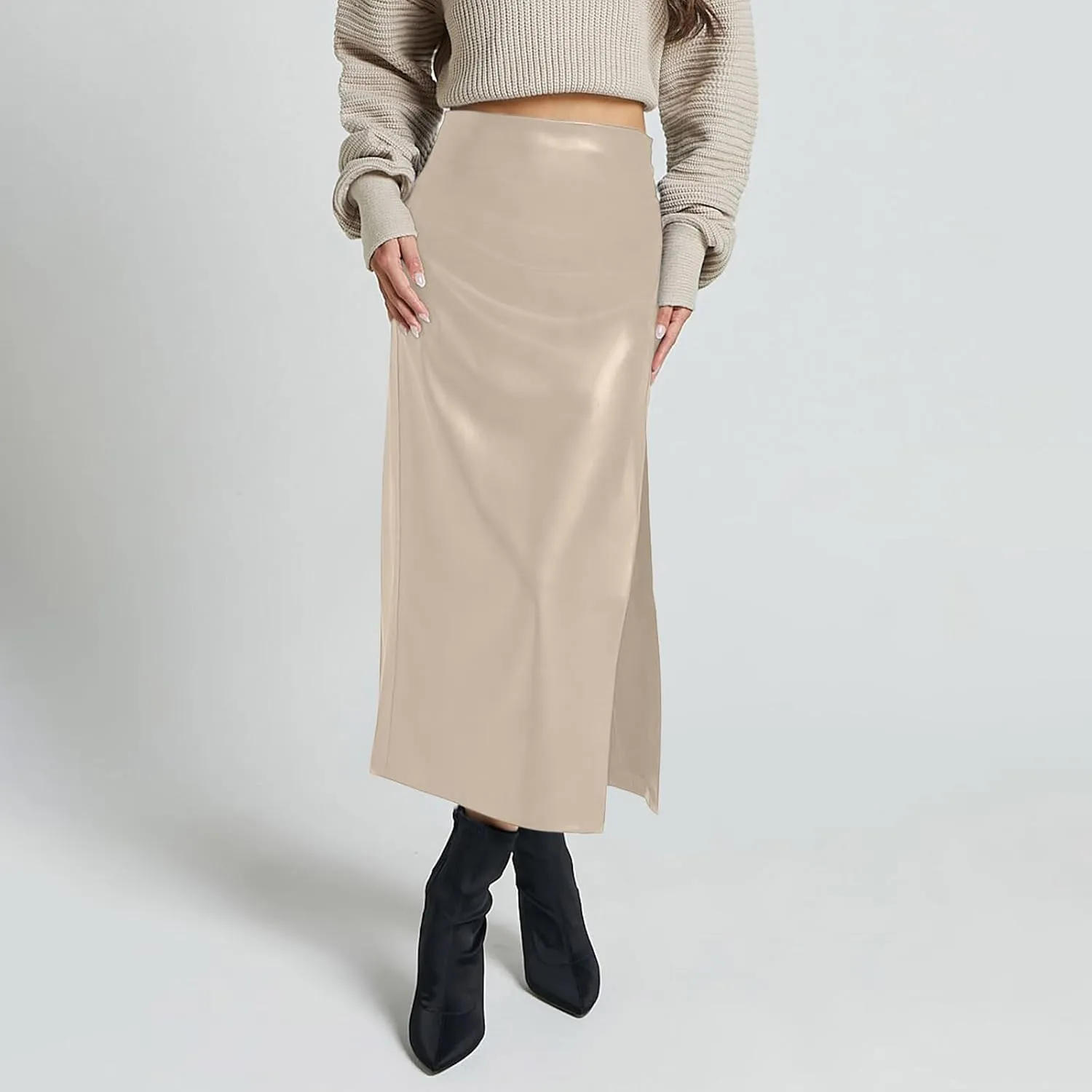 Womens Faux Leather Long Skirts Bodycon High Waist Slim-Fit PU Leather Skirt Sexy Side Slit Pencil Midi Skirts