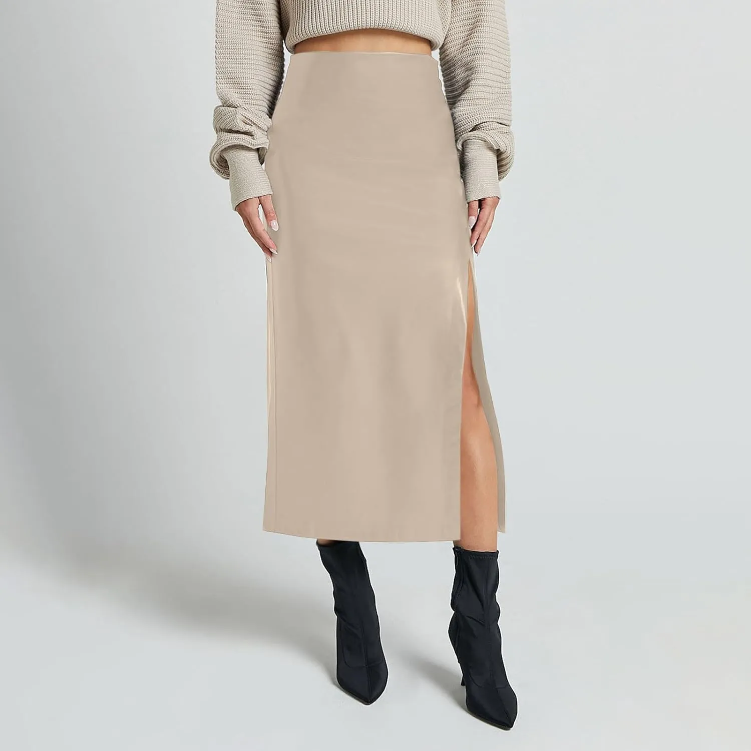 Womens Faux Leather Long Skirts Bodycon High Waist Slim-Fit PU Leather Skirt Sexy Side Slit Pencil Midi Skirts