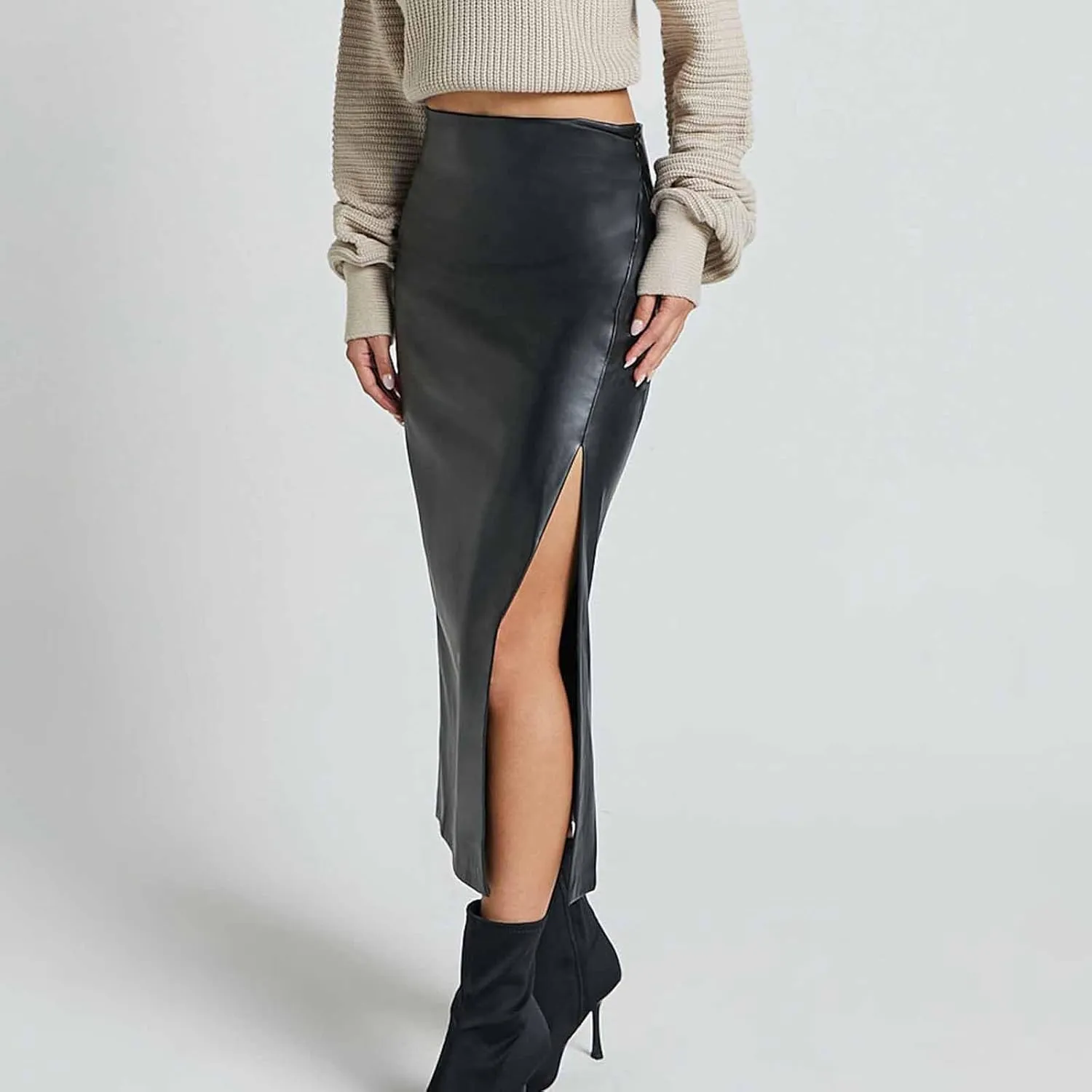 Womens Faux Leather Long Skirts Bodycon High Waist Slim-Fit PU Leather Skirt Sexy Side Slit Pencil Midi Skirts
